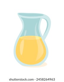 Jarra de cristal con zumo de naranja. Limonada de frutas en Ilustración vectorial de jarra. Frasco parcialmente lleno con bebida fresca amarilla. Producto natural, lácteos orgánicos. Bebida saludable aislada sobre fondo blanco.