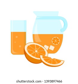 Glass and jug with orange juice, half and slice citrus fruit isolated on white background. Vector illustration