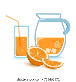 Glass and jug with orange juice, half and slice orange. Colored vector illustration