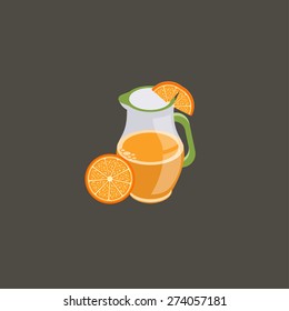 glass jug with orange juice and orange slices, isometric icon