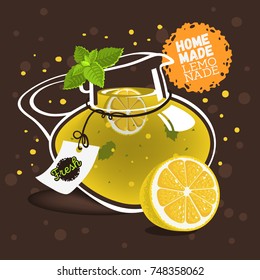 Glass Jug Pitcher Pot Filled Up With Homemade Lemonade With A Branch Of Mint, Sliced Lemon And A Tag For Your Message. Vector Graphic.