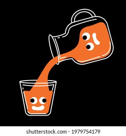 Glass jug serving juice, crazy glass on black background