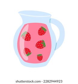 Glass jug with strawberry lemonade and ice on a white background. Refreshing summer drinks.
