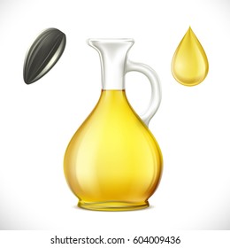 Glass jug with sunflower oil. Isolated on white background. Stock vector illustration.