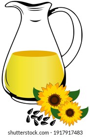 Glass jug of sunflower oil with sunflowers and seeds. Stock vector illustration.