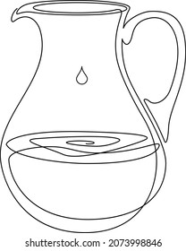 Glaskrug mit Wasser. Wassertropfen fallen. Durchgehende Zeilenzeichnung. Vektorgrafik.