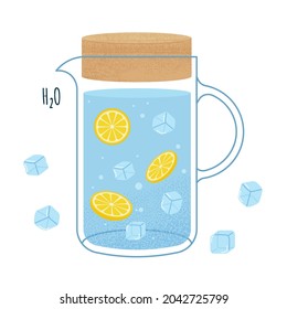 glass jug with water, lemon and ice. Vector isolated illustration in hand drawn syule
