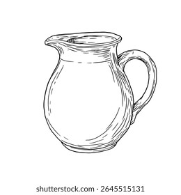Garrafa de vidro para água ou leite, esboço de tinta preta e branca. Ilustração vetorial. Decantador com alça de banheiro, isolado em um fundo branco. O tema da cozinha, cozinha, cafés e restaurantes
