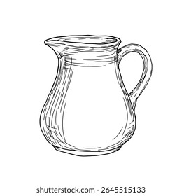 Garrafa de vidro para água ou leite, esboço de tinta preta e branca. Ilustração vetorial. Decantador com alça de banheiro, isolado em um fundo branco. O tema da cozinha, cozinha, cafés e restaurantes