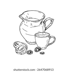 Glass jug for water or milk, black and white ink sketch. Vector illustration. Decanter with bathroom handle, insulated on a white background. The theme of cuisine, cooking, cafes and restaurants