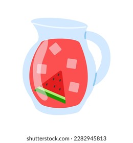 Glass jug with watermelon lemonade and ice on a white background. Refreshing summer drinks.
