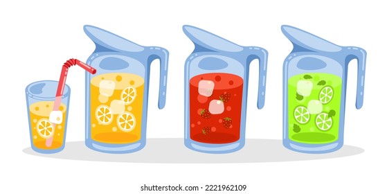 Glass jugs with fruit or berry drinks vector illustrations set. Collection of cartoon drawings of orange juice in glass, jars with refreshing organic drink on white background. Summer, beverage