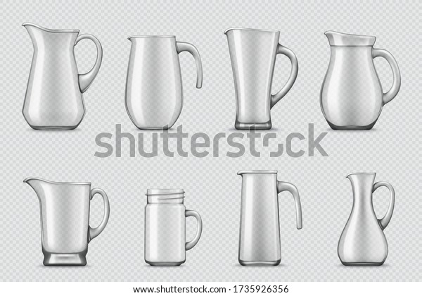 Glass jugs and pitchers 3d realistic vector\
set. Various size and shape, empty pitchers with handle and spout,\
threaded jug and glossy glass vase isolated on transparent\
background. Kitchen\
glassware