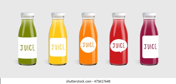 Glass juice bottle with label template ready for you design isolated on light gray background. Packaging vector 