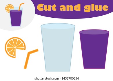 Glass of juice cartoon style, education game for the development of preschool children, use scissors and glue to create the applique, cut parts of the image and glue on the paper, vector illustration