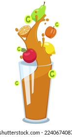 Glass with juice and different fruit vector illustration. Cartoon drawing of orange liquid pouring into glass, source vitamin C, citrus fruits, apple, pear. Health, beverage, refreshment, diet concept