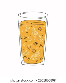 Glass with juice. Food and drinks. Fruit juice with lemons, berries, oranges. Vector illustration.