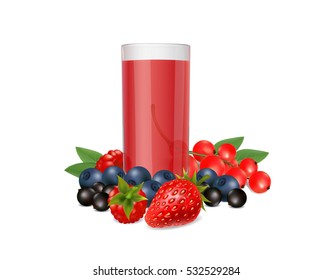 glass of juice and fresh berries on white background
