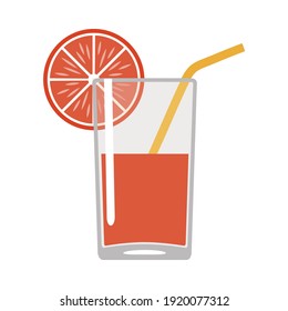 Vidrio con jugo y rodaja de pomelo aislado sobre fondo blanco. Caricatura de estilo plano. Ilustración del vector