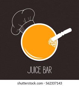 Glass of juice with hand drawn chef hat over blackboard background. Juice bar or drinks menu concept