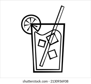 Glass with juice icon in black and white color. Drink vector icon with stick, lemon and ice cubes