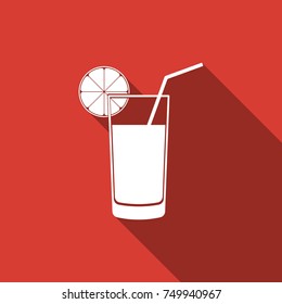Glass of juice icon isolated with long shadow. Orange slice and tube for drinking. Healthy organic food. Flat design. Vector Illustration