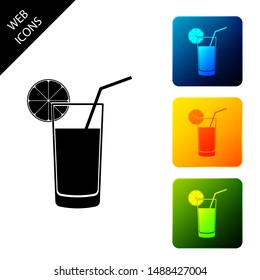 Glass of juice icon isolated on white background. Orange slice and tube for drinking. Healthy organic food. Set icons colorful square buttons. Vector Illustration