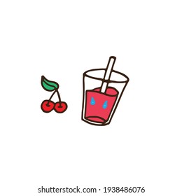 a glass of juice icon with straw. cherry juice with cherry fruit on white background. red color. hand drawn vector. healthy drink for diet. doodle art for logo, label, sticker, clipart, advertising. 