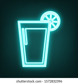 Glass of juice icons. Cyan neon icon in the dark. Bluring. Luminescence. Illustration.