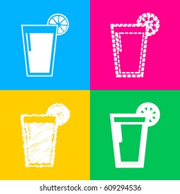 Glass of juice icons. Four styles of icon on four color squares.