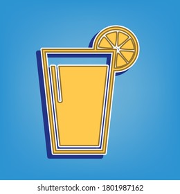 Glass of juice icons. Golden Icon with White Contour at light blue Background. Illustration.