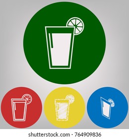 Glass of juice icons. Vector. 4 white styles of icon at 4 colored circles on light gray background.