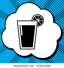 Glass of juice icons. Vector. Black icon in bubble on blue pop-art background with rays.