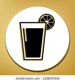 Glass of juice icons. Vector. Black icon with light brown shadow in white circle with shaped ring at golden background.