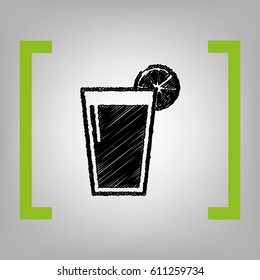 Glass of juice icons. Vector. Black scribble icon in citron brackets on grayish background.