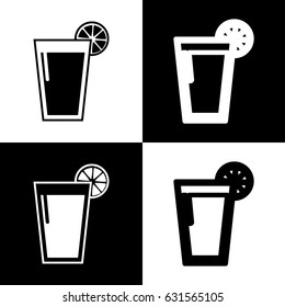 Glass of juice icons. Vector. Black and white icons and line icon on chess board.