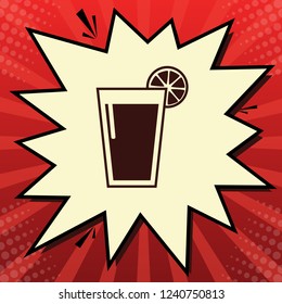 Glass of juice icons. Vector. Dark red icon in lemon chiffon shutter bubble at red popart background with rays.