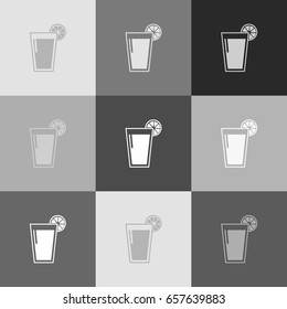 Glass of juice icons. Vector. Grayscale version of Popart-style icon.