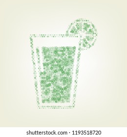 Glass of juice icons. Vector. Green hexagon rastered icon and noised opacity and size at light green background with central light.