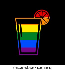 Glass of juice icons. Vector. Icon with colors of LGBT flag at black background.