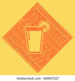 Glass of juice icons. Vector. Red scribble icon obtained as a result of subtraction rhomb and path. Royal yellow background.