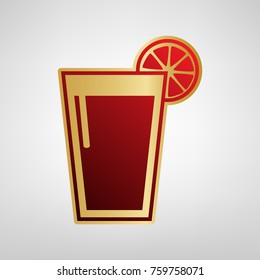 Glass of juice icons. Vector. Red icon on gold sticker at light gray background.