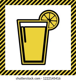 Glass of juice icons. Vector. Warm yellow icon with black contour in frame named as under construction at white background. Isolated.