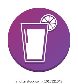 Glass of juice icons. Vector. White icon with flat shadow on purpureus circle at white background. Isolated.