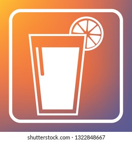 Glass of juice icons. Vector. White icon on transparent button at orange-violet gradient background.