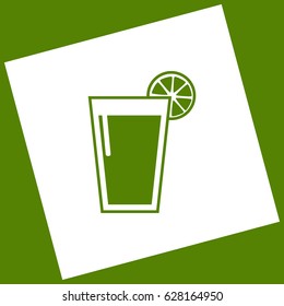 Glass of juice icons. Vector. White icon obtained as a result of subtraction rotated square and path. Avocado background.