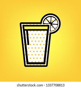 Glass of juice icons. Vector. Yellow polka dot white icon with black contour at warm yellow background.