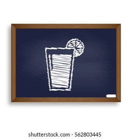 Glass of juice icons. White chalk icon on blue school board with shadow as background. Isolated.