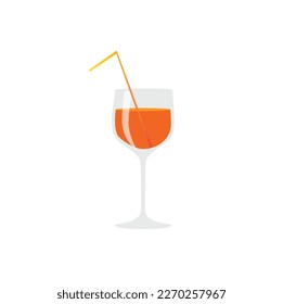 glass of juice illustration on white background, orange juice, straw in cocktail glass of orange juice