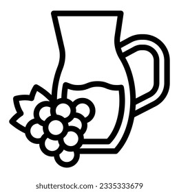 Glass juice jug with grapevine line icon. Wine in jar with bunch of grapes outline style pictogram on white background. Grape beverage signs for mobile concept and web design. Vector graphics